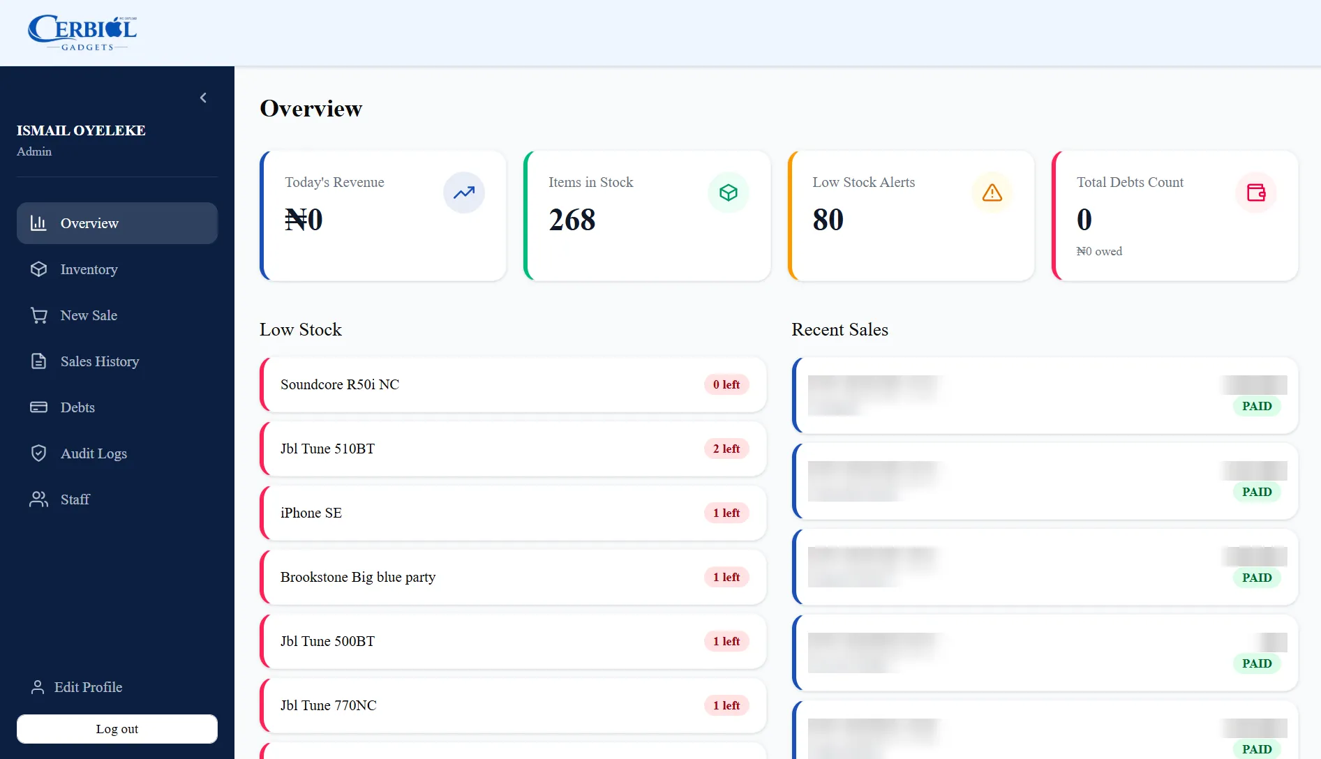 The point of sale dashboard, with customer names, invoice numbers and amounts blurred
